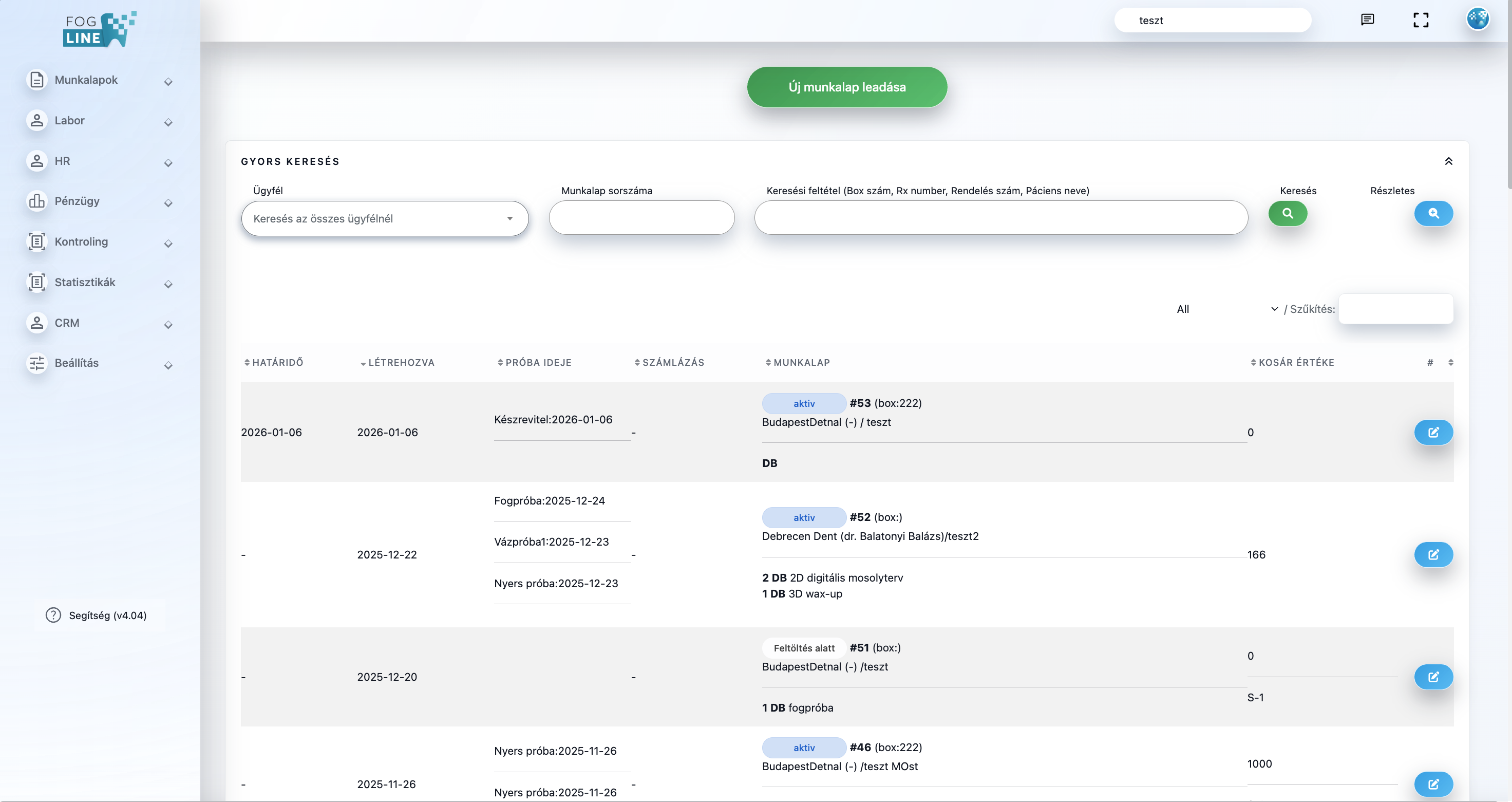 Fogline fogtechnikai ERP – munkalapokezelő és MDR-megfelelési dashboard